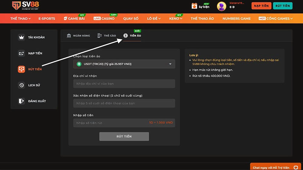 Cách rút tiền Sv88 qua ngân hàng 